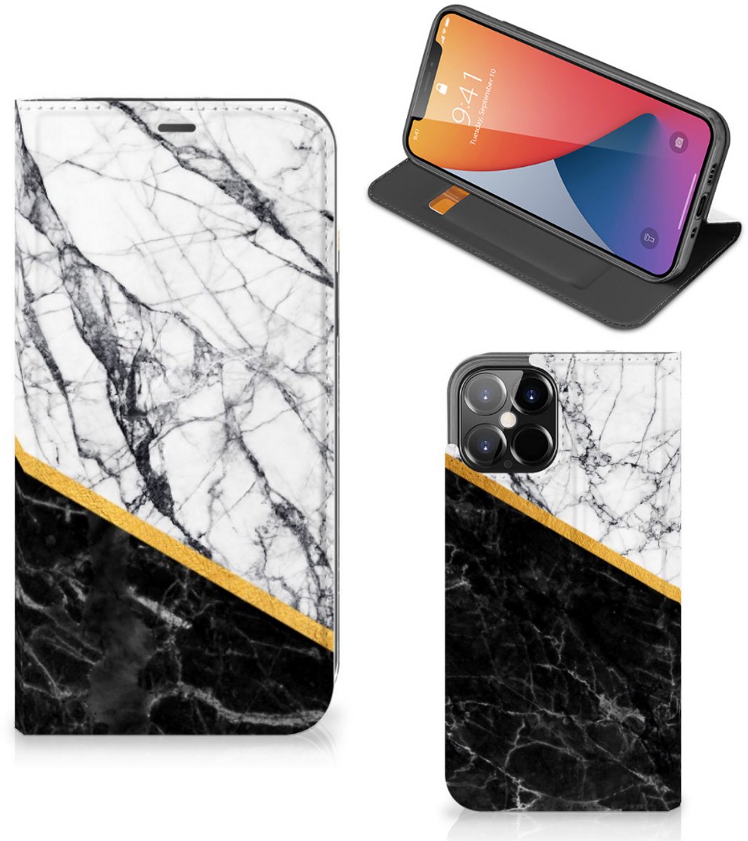iPhone 12 Pro Max Standcase Marmer Wit Zwart - Origineel Cadeau Man