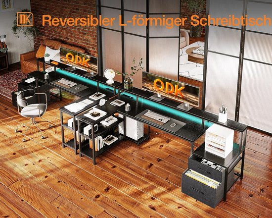 L-vormig gamingbureau met opbergruimte, 189,3 x 100 cm, omkeerbaar design met LED en USB-aansluitingen, computertafel voor slaapkamer of werkruimte van Merkloos — afbeelding 3