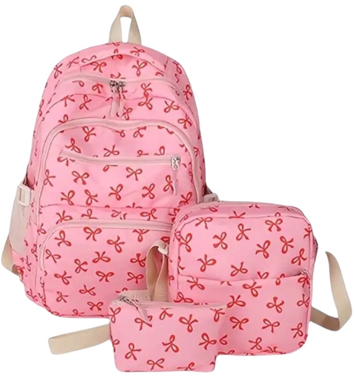 Twenty Two schooltassen set | 3-delige set | schoolrugzak, etui, lunchtas voor meisjes/tieners/kinderen | roze/lichtroze/rood strikjes | waterdicht | grote capaciteit | 7 vakken | meiden tassen set | 3 stuks | brugklas-school | 43x16x30cm