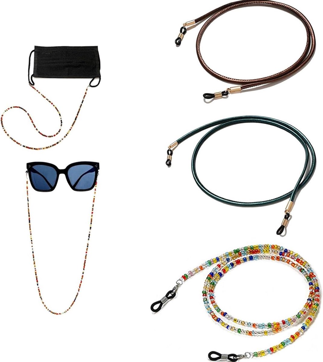 MK Stoer -Leesbril Koord - Nekkoord - Lanyard - Antislip - Houder - Leer en Kralen - Verstelbaar - Zonnebril - Retainer - Mannen Vrouwen - 3 stuks - Bruin - Donkergroen