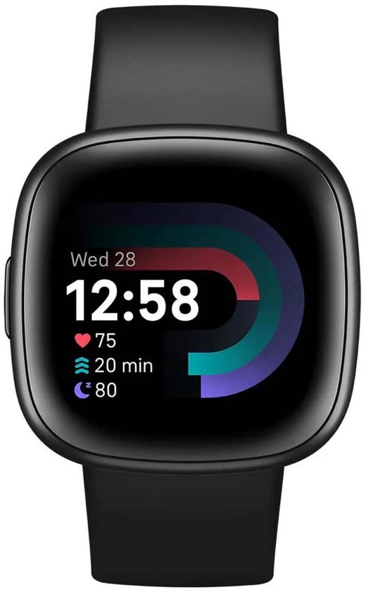 Zwarte Fitbit Versa 4 smartwatch met weergave wo 28 12:58.