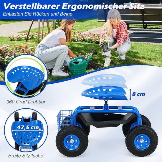 COSTWAY Rolzitje met wielen, 360 graden draaibaar, in hoogte verstelbaar, tuinzitje met plank en mand, tot 150 kg, brede rubberen banden, tuinrolstoel voor tuinieren, werkstoel, tuinwagen, metaal van Merkloos	 — afbeelding 2
