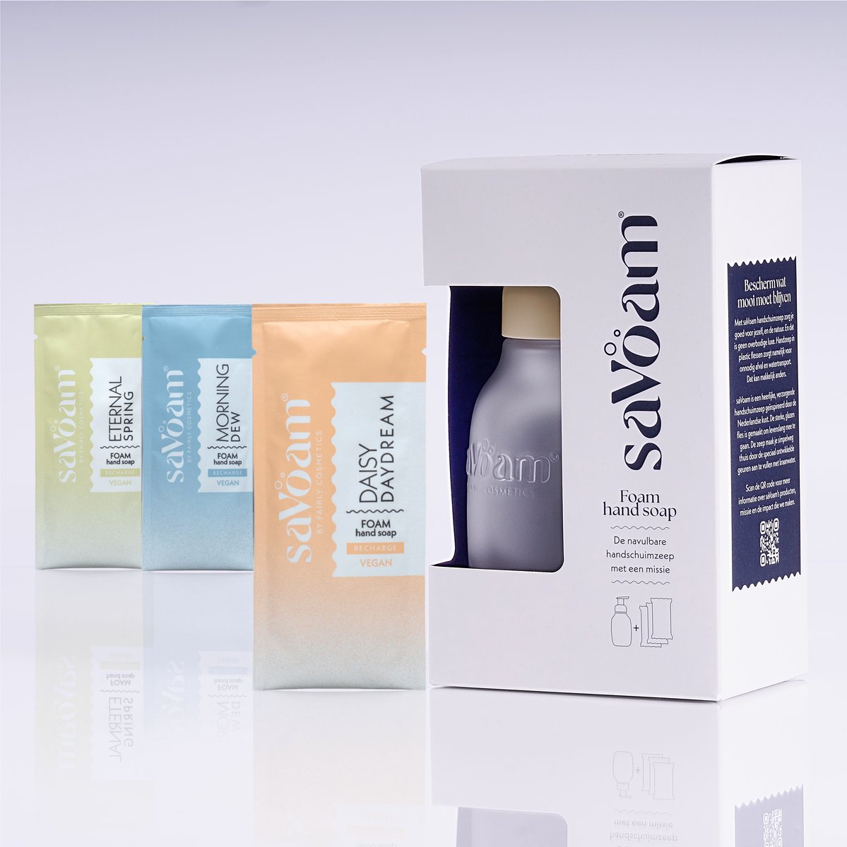 Schuimende Handzeep - saVoam starterspakket Zand - Navulling - 3 x 300 ml - Vegan - Duurzaam - Hydraterend - inclusief glazen saVoam flacon