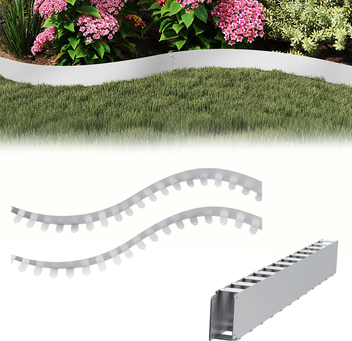 Aufun 5 Meter Flexibele Gazonrandstrip - Zilve - Met 50 Ankers - 100 mm Hoog - Gegalvaniseerde Roestvrijstalen Randstrip - Geschikt Voor Bloembedranden, Landschapsranden En Tuinranden
