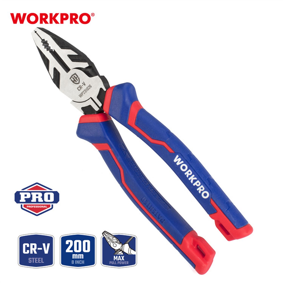 WORKPRO WP231026 Professionele Combinatietang 200 mm – Extra Groot – CR-V Staal – Ergonomische Grip – Krachtbesparend