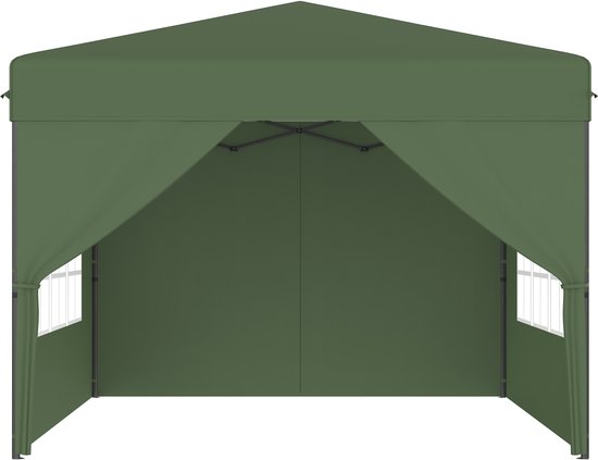 Groene partytent met puntdak en open voorkant, met twee ramen met witte raamverdelers.