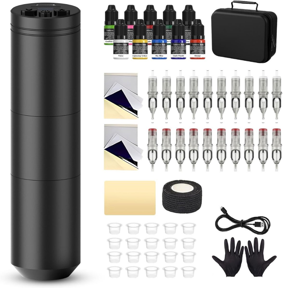 Tattoo Machine met Accessoires - Tattoo Machines Draadloos - Tattoo Set Inclusief Inkt en Naalden - Tattoo Kit -Multikleur