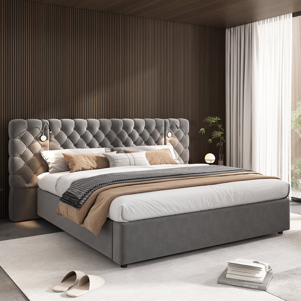 Merax Gestoffeerd bed 180 x 200 cm - met opbergruimte en LED-verlichting - groot hoofdeinde - fluweel - zonder matras - grijs