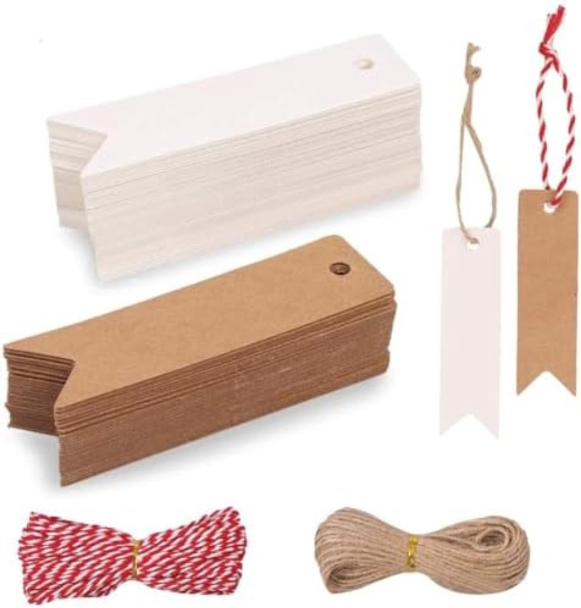 Imperatoris - Cadeau Tags - Labels - Kado Etiketten - Kraftpapier - wit - Karton aan touwtjes - 200 stuks hartvormig vierkant en rond cadeaulabels - 7 X 2 cm - 100 bruine en 100 witte hanglabels 10 m rood-wit koord + 10 m jutevezelkoord