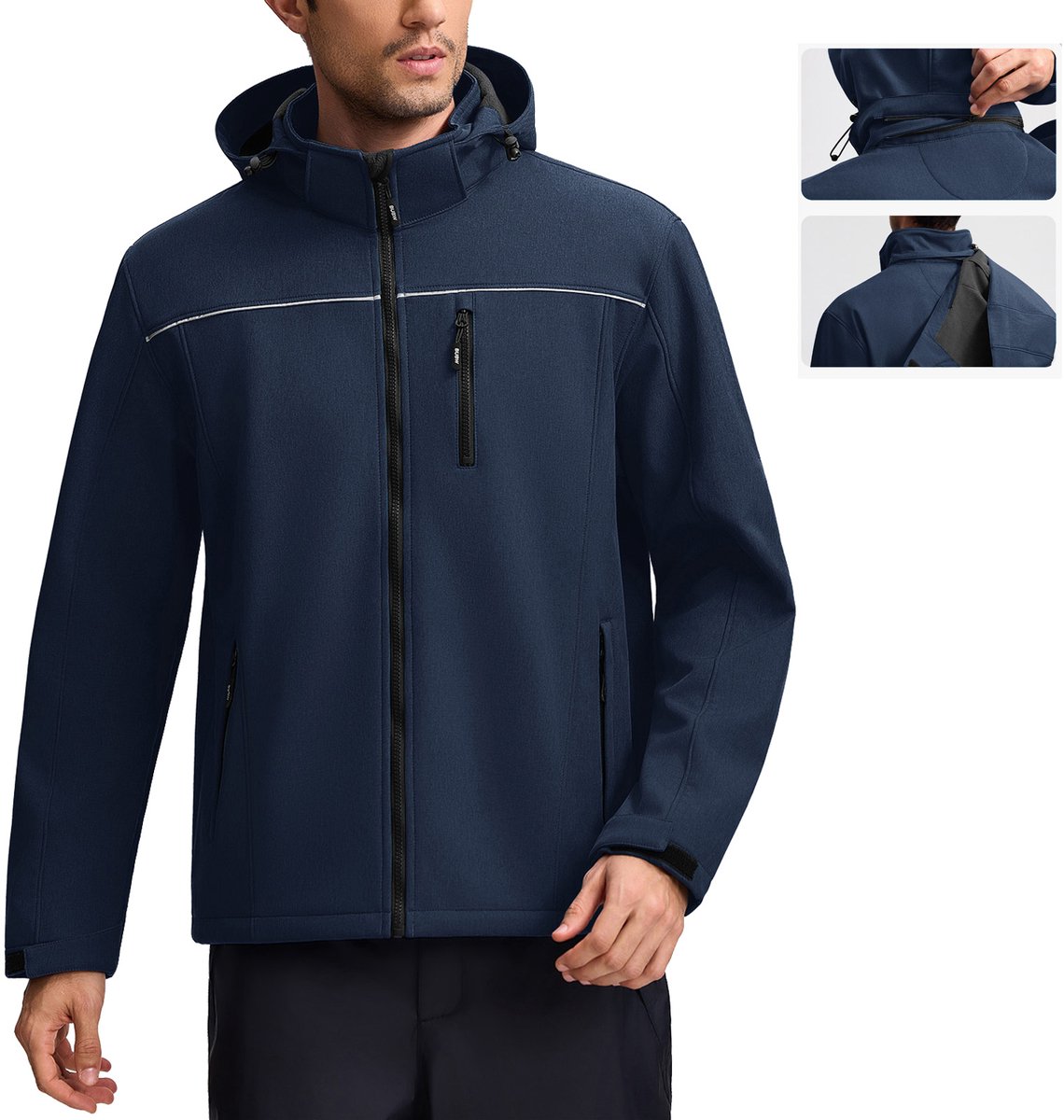 BUBW® Windjack Heren Outdoorjas Softshell Jas 4 Seizoenen Lichtgewicht Outdoor Herenjas Waterdicht & Ademend – Rits Zakken Warme Fleece Gevoerd Met Capuchon Donkerblauw