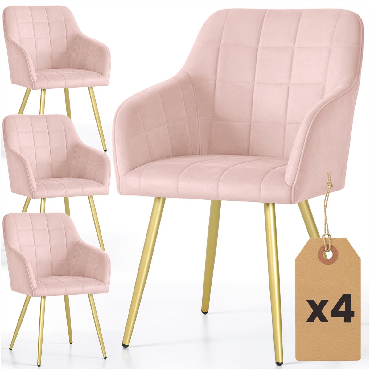 Set van 4 Eetkamerstoelen LUXANO met Armleuningen / Gestoffeerde Stoelen / Fluwelen Stoelen en Metalen Poten / Poederroze met gouden benen