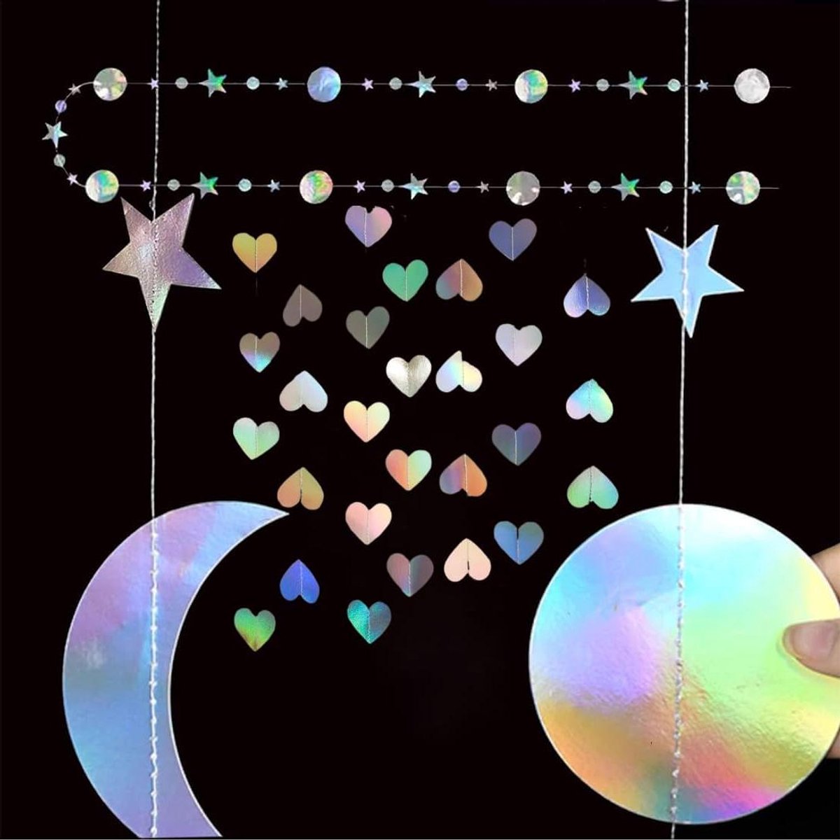 Papieren slinger holografisch regenboog rond ster feestdecoratie bruiloft verjaardag doop baby 4m x 3m