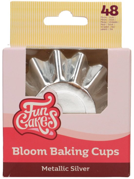 Emballage de 48 moules à fleurs FunCakes argentés, carton avec couche PET.