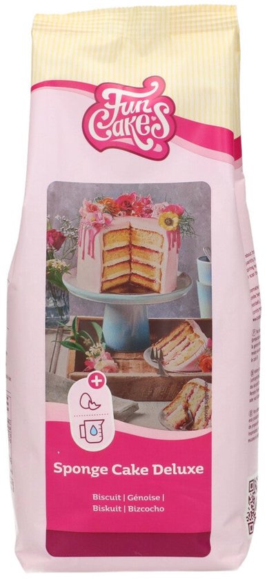 Verpakking van FunCakes Bakmix voor Biscuit Deluxe met afbeelding van een taart.