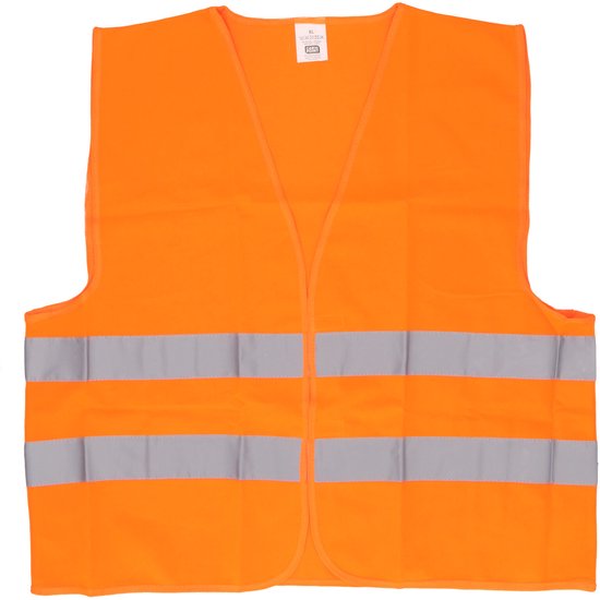 Fel oranje veiligheidsvest met twee horizontale zilveren reflecterende banden op de borst en onderkant. Maat XL.