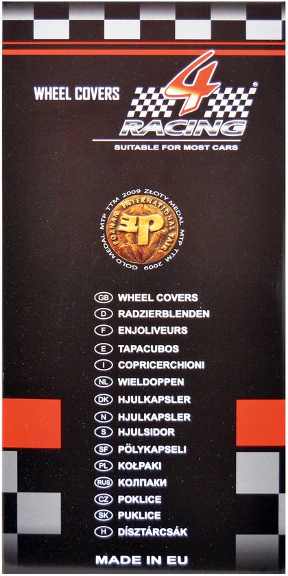 Verpakking met "WHEEL COVERS" en logo "4 RACING". "SUITABLE FOR MOST CARS".
