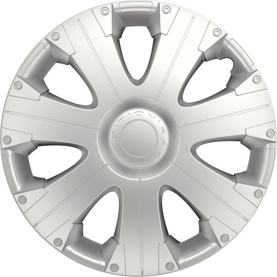 Zilverkleurige wieldop met een racelook, 13 inch, ABS kunststof, set van 4.