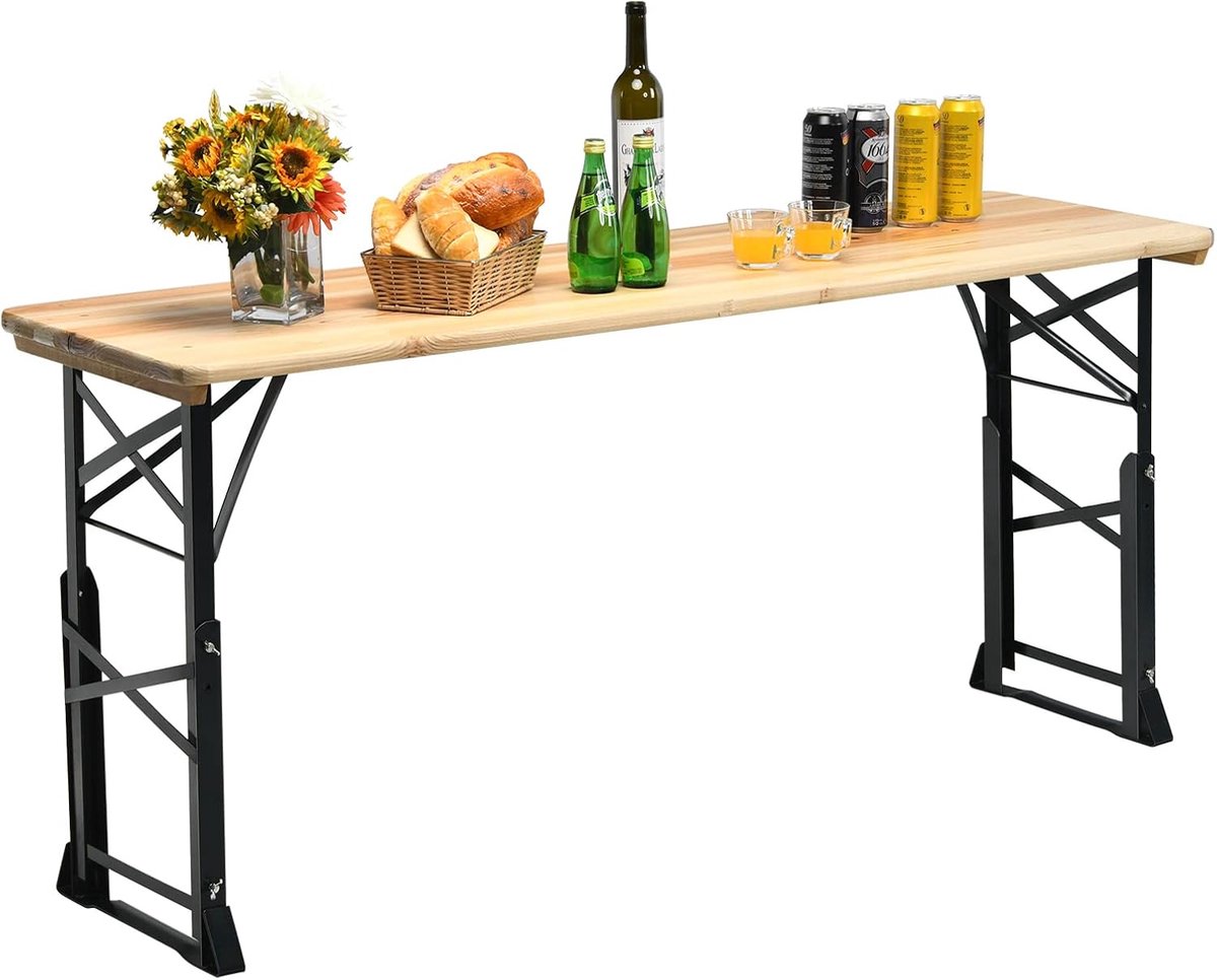 KOMFOTTEU Biertafel voor buiten, in hoogte verstelbaar (75 cm-105 cm), inklapbare tuinbartafel, picknicktafel met parasolgat, 168,5 x 50 cm (l x b), narurel en zwart
