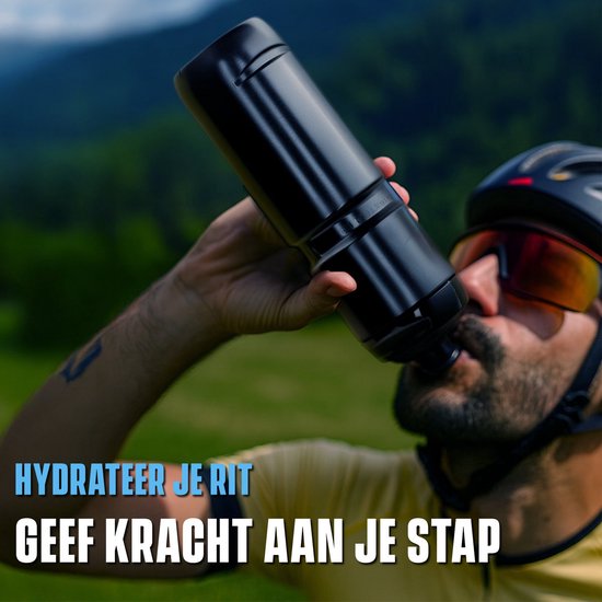 Bidon de vélo noir avec le texte 'Hydratez votre trajet, donnez de la force à vos pas'.