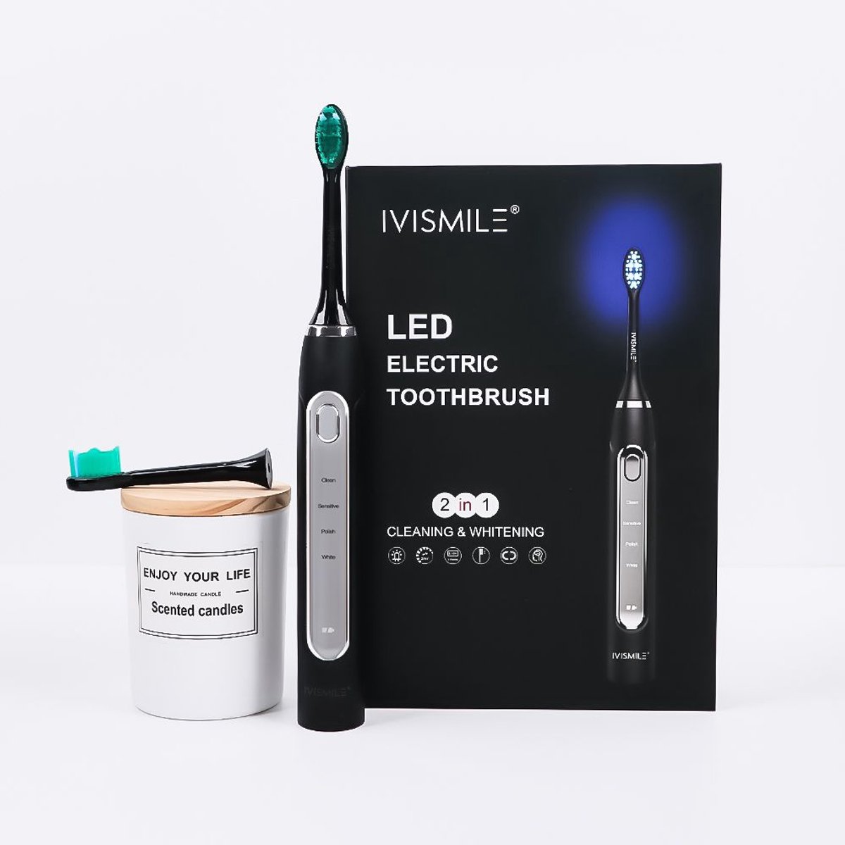Viany Elektrische tandenborstel met blauw led voor whitening - 4 standen - tandenborstel - extra opzetborstels - gebidsreiniging - lange accuduur
