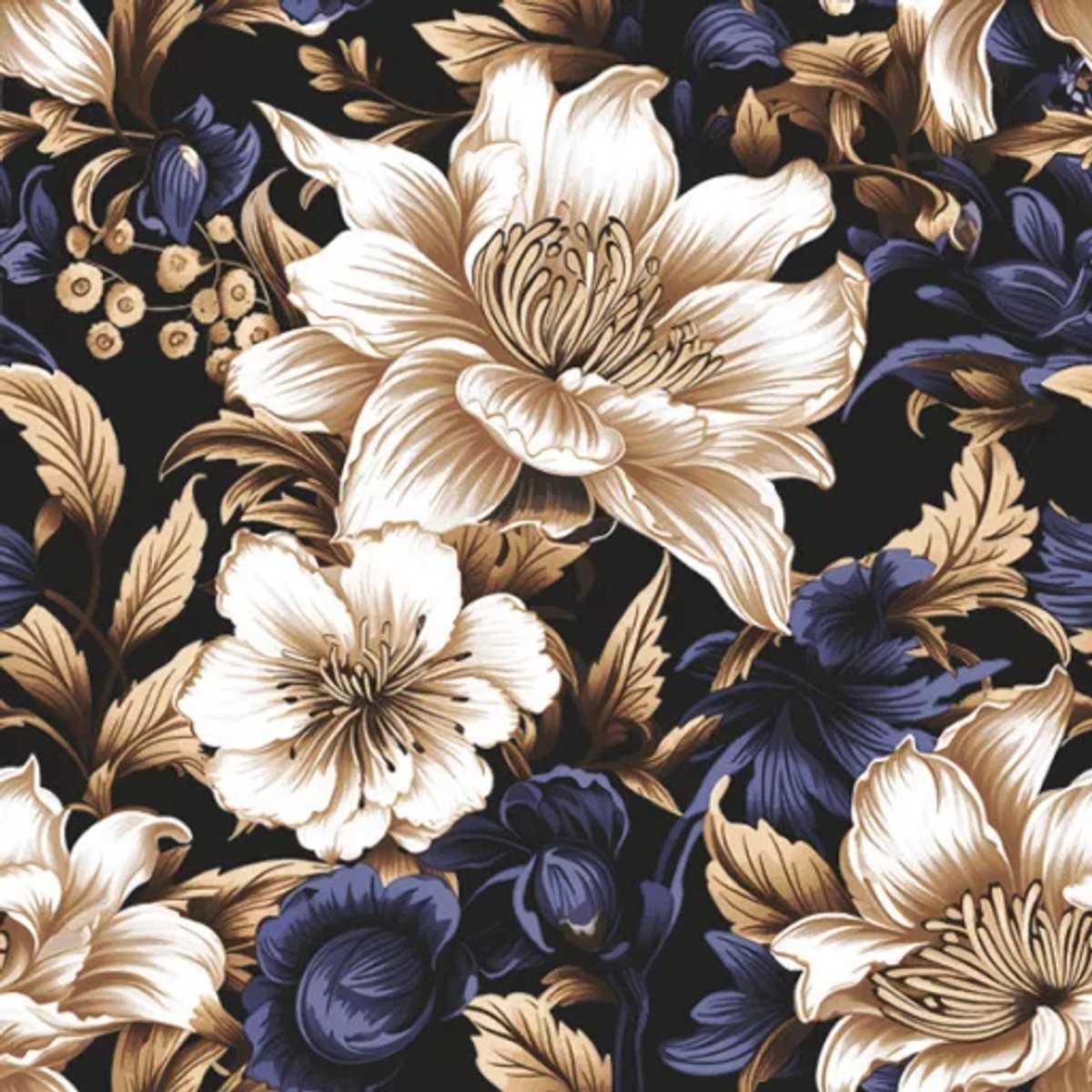 40 Servetten - Decoratieve Bloemen op een zwarte achtergrond - Goud - Creme - Blauw - Zwart - Cocktail (Klein) Formaat - 25 x 25 cm - 3-Laags - Maki