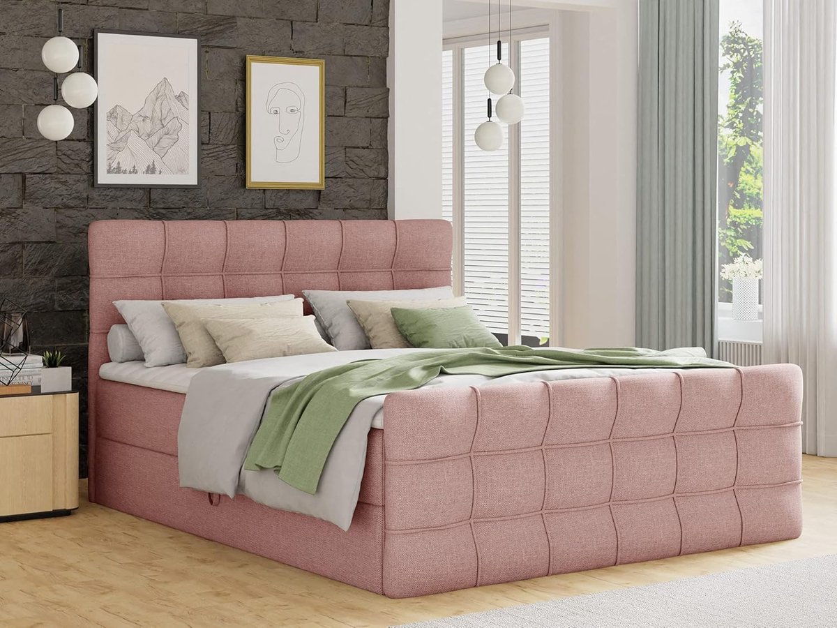 Boxspringbed 140x200 met opbergruimte, matras & topper – Luxe tweepersoonsbed met 2 bedladen en voeteneinde – Roze (Inari 52) – Aurora Lux – Pauwhome