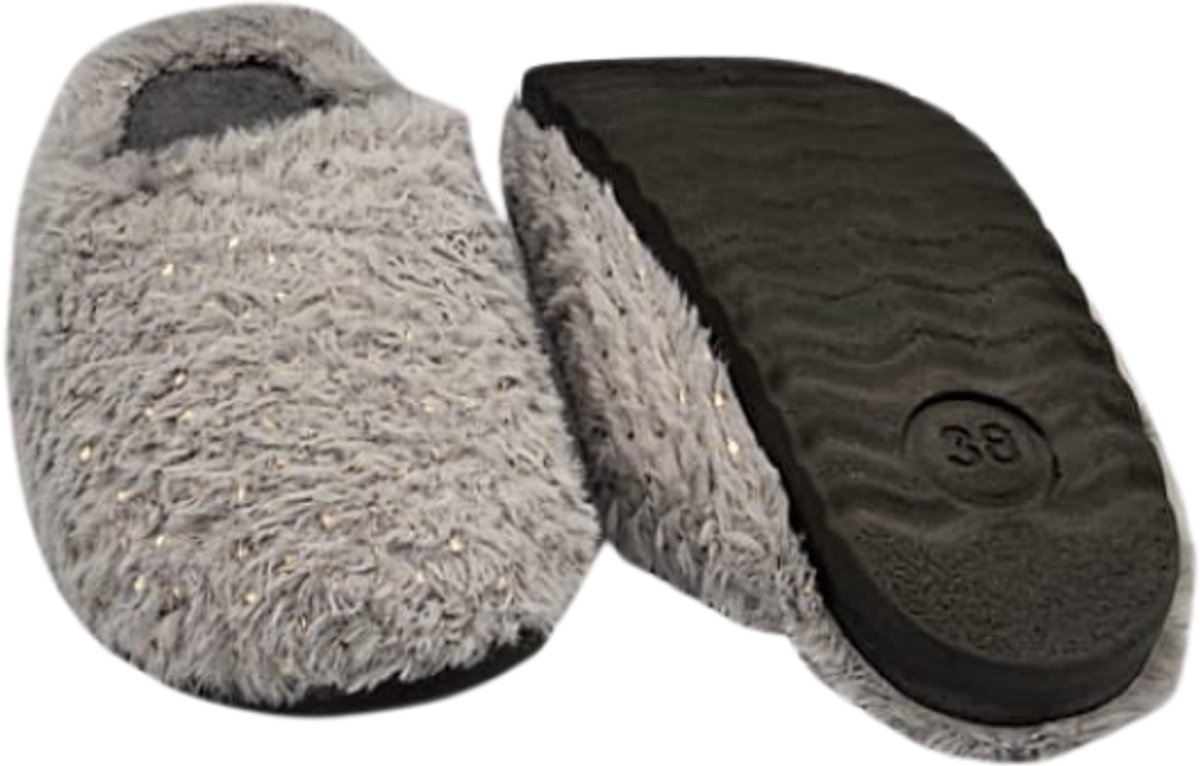 Berussa-Gezer Luxe Dames Pantoffels - Dames mode- Fluffy Huisschoenen met Comfortabele Zool - Warme Fleece Voering - Antislip Gllandzend Grijs-37-40