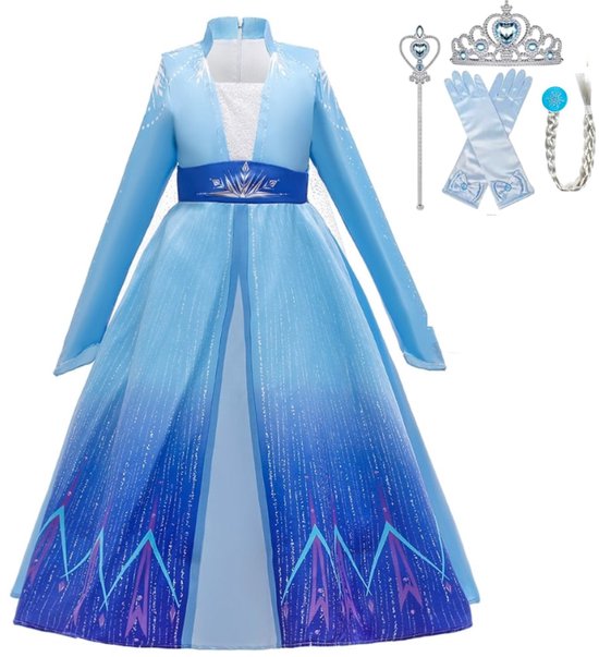 Frozen Elsa jurk - Prinsessenjurk meisje - Elsa jurk - maat 98/104 - Toverstaf - kroon - Lange prinsessenhandschoenen - verkleedkleren - verkleedkleding meisje
