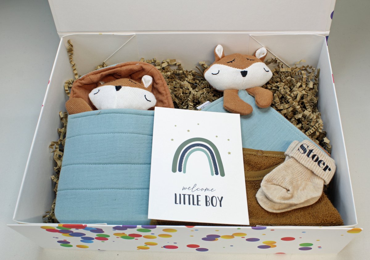 Giftbox 'Riva', Kraamcadeau, cadeau babyjongen, kraammand, slaapvriendje, tutdoek