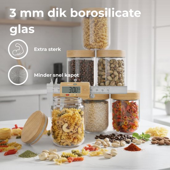 Bocaux de conservation Organess avec couvercle en Bamboe - Lot de 6 - Glas avec couvercle - Bonbonnière - Bocaux de conservation en verre