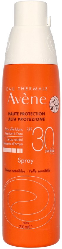 Oranje spuitbus Avène zonbescherming voor gevoelige huid, SPF 30, met kindericoontje.