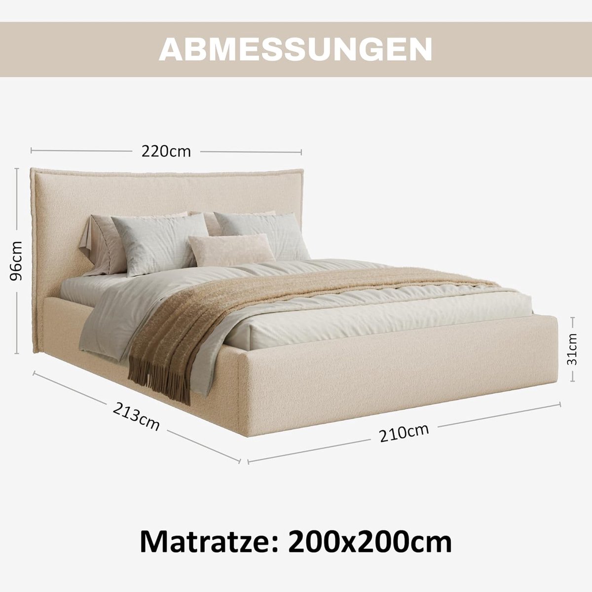 Gestoffeerd Bed 200x200 cm met Opbergruimte & Bedlade – Beige Bouclé Design Bed met Hoofdbord en Lattenbodem – Zonder Matras – Pauwhome