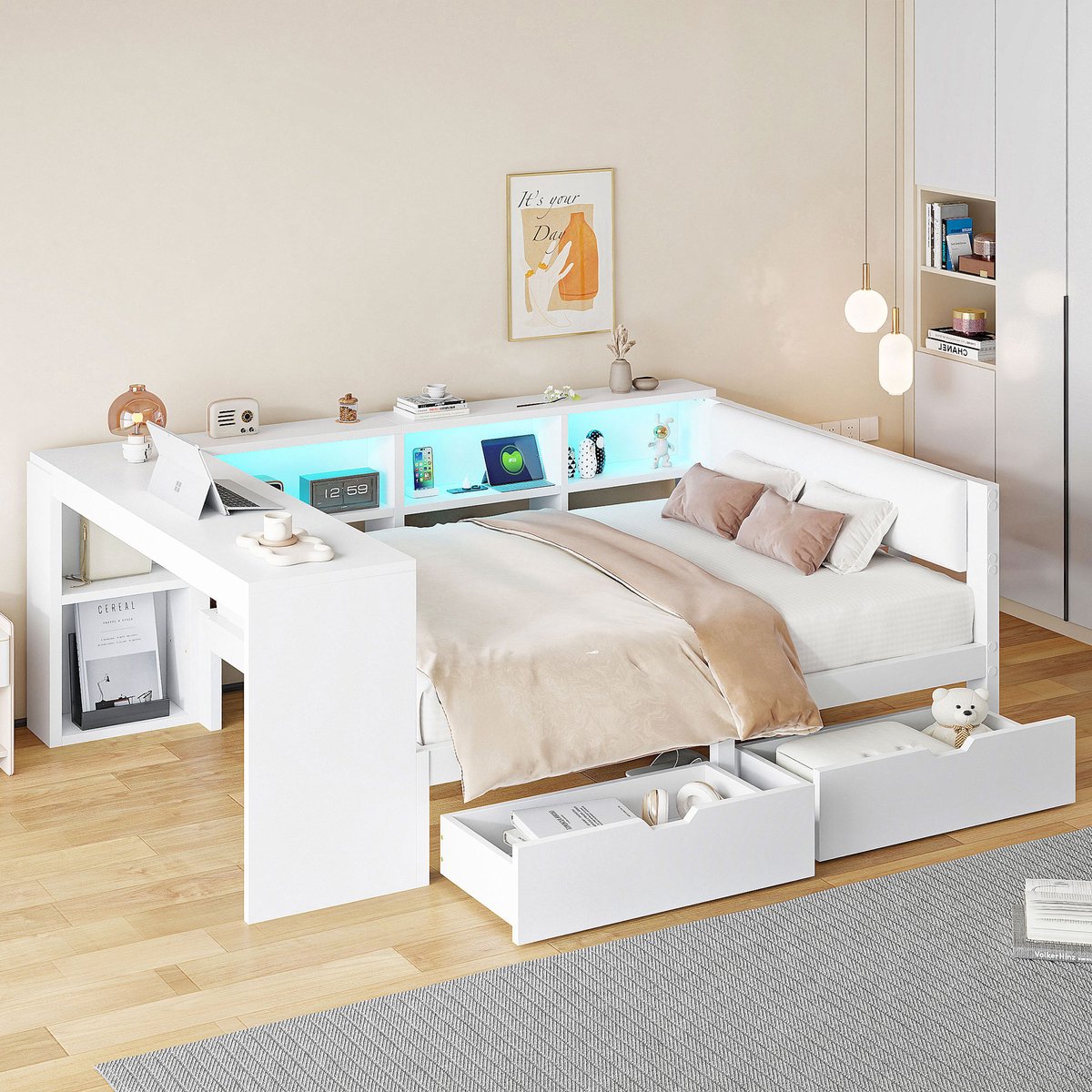 MIVRAY Platformbed 140x200 cm - Met Opbergvakken, Ladesysteem En Ledverlichting - Met Gevoerd Hoofdbord - MDF En Multiplex - Wit