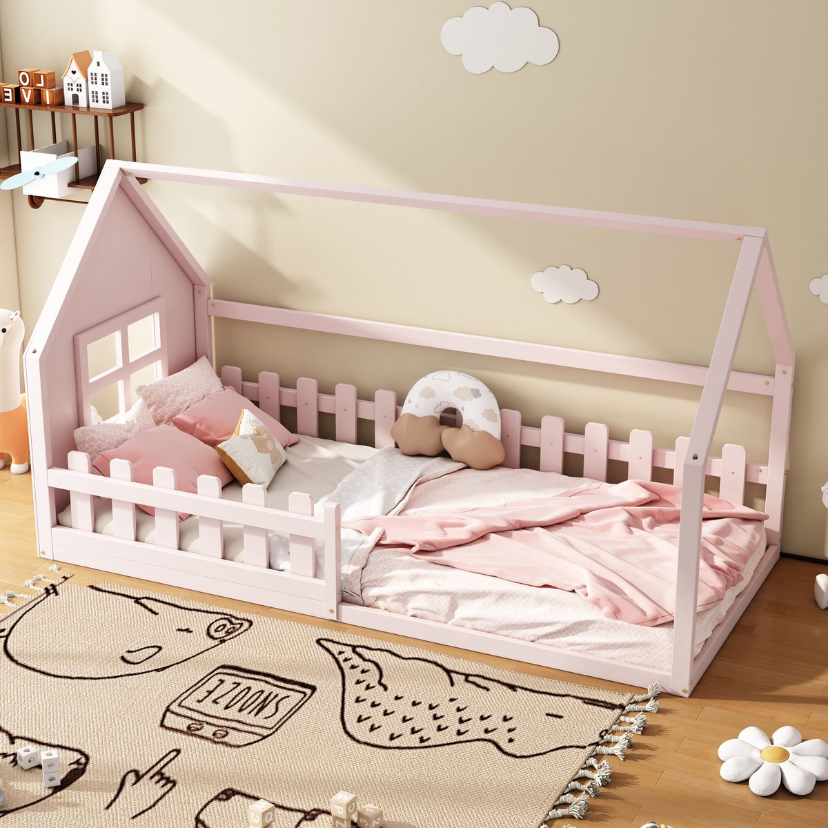 MIVRAY Kinderbed 90x200 Cm - Bed In Huisvorm Met Lattenbodem - Voor Kinderkamer - Grenen En MDF - Roze - Zonder Matras