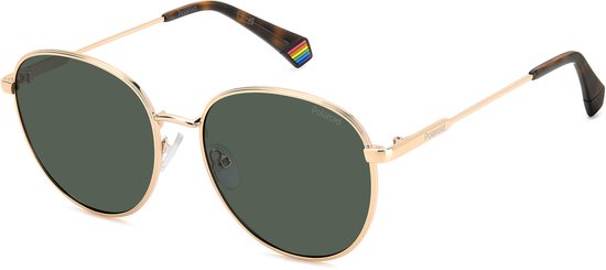Goudkleurige ronde zonnebril met schildpadpatroon pootjes, groene glazen en regenboogdetail.