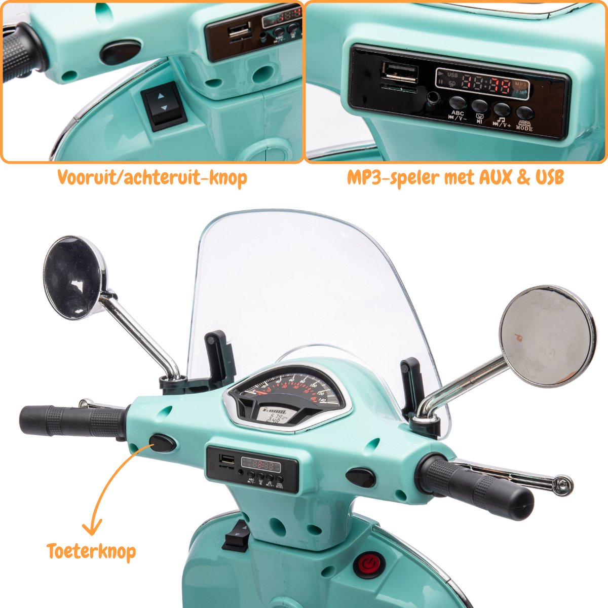 Vespa GT Full Option Elektrische Kinderscooter 3 tot 6 jaar – Officieel Gelicentieerde Kinder Vespa met Kofferbak & Verwijderbare Zijwieltjes – Li-ion Kindermotor met Kunstlederen Zitje, MP3 AUX & USB – Blauw — afbeelding 8