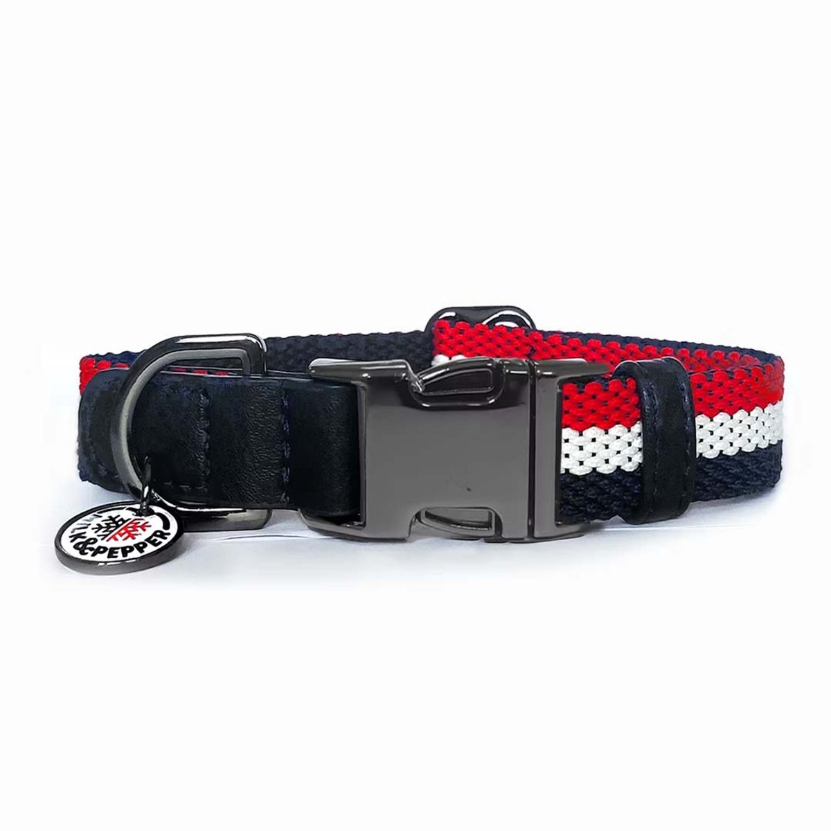 HONDENHALSBAND/HALSBAND HOND MILK & PEPPER COURCHEVEL TRICOLORE HALSBAND ROOD-WIT-BLAUW ( M35= 26-40CM)