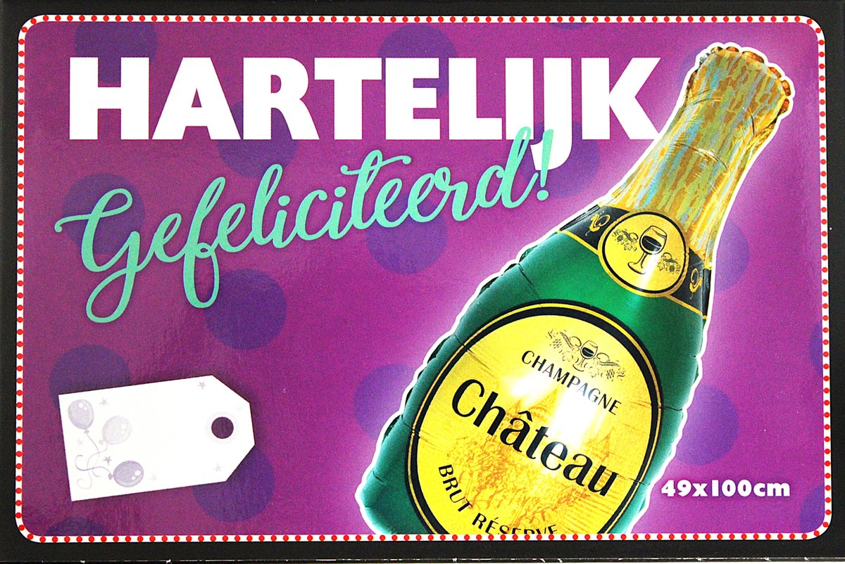 Folieballon Hartelijk Gefeliciteerd Champagnefles - Folie Ballon - Wijn Fles - 49X100cm - Met Kadolabel