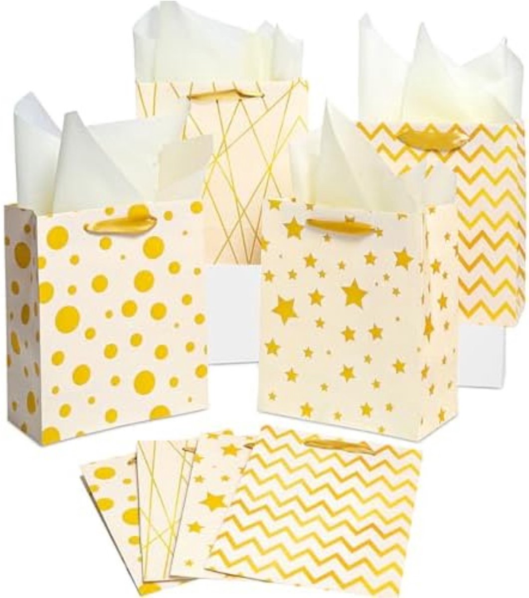Imperatoris - Geschenktas - Wit en goud - Cadeauverpakking - Cadeaupapier - Cadeautasjes - Papieren Tassen - Gift Bag - Met Handvat - Kraft Tas - 23 x 18 x 10 cm - 8 Stuks