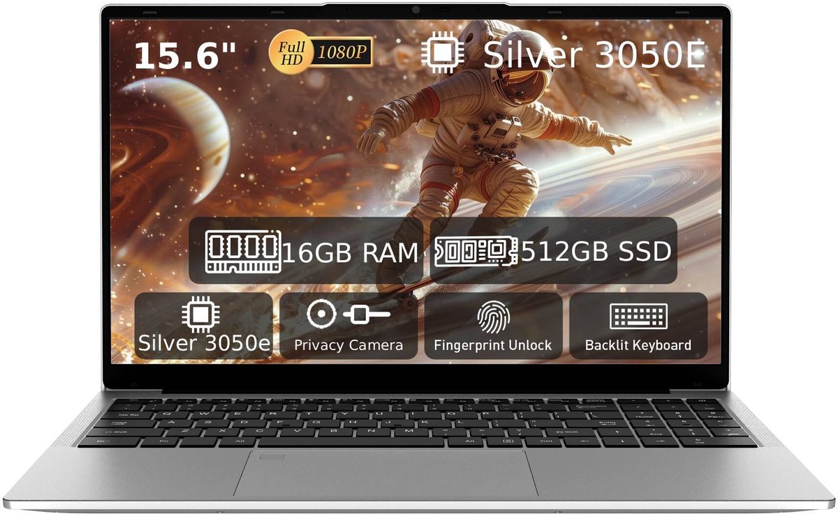 Laptop 15,6 inch, 16 GB DDR4, 512 GB SSD, Dual-Core 3050E (tot 2,80 GHz), notebook met vingerafdruksensor, verlicht toetsenbord, dubbele luidsprekers, HDMI, laptop voor studenten en kantoor