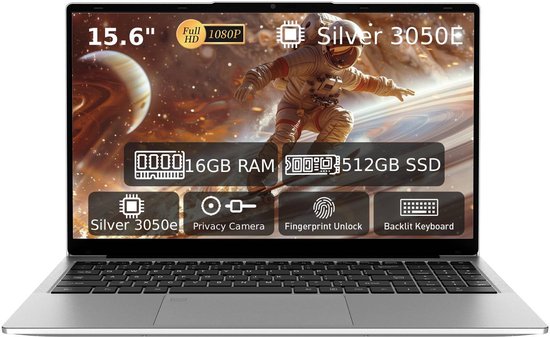 Laptop 15,6 inch, 16 GB DDR4, 512 GB SSD, Dual-Core 3050E (tot 2,80 GHz), notebook met vingerafdruksensor, verlicht toetsenbord, dubbele luidsprekers, HDMI, laptop voor studenten en kantoor