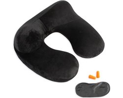 Inflatable Travel Pillow - 100% Soft Velvet Neck Support for Travel, Airplanes, Trains, Cars & Offices, Breathable and Washable Cover, Ideal for Adult Sleepers (Black)