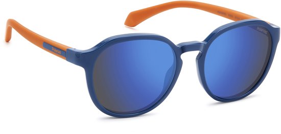 Lunettes de soleil rondes bleues avec verres miroirs et branches orange.