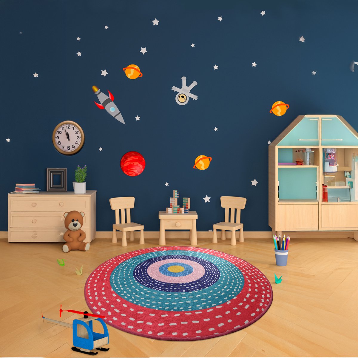 Bosdela Ronda Ø 140 cm Rond Wasbaar kinder- en babykleed zacht, ideaal voor kinderkamers, speelkamers en kruipruimtes rood blauw roze