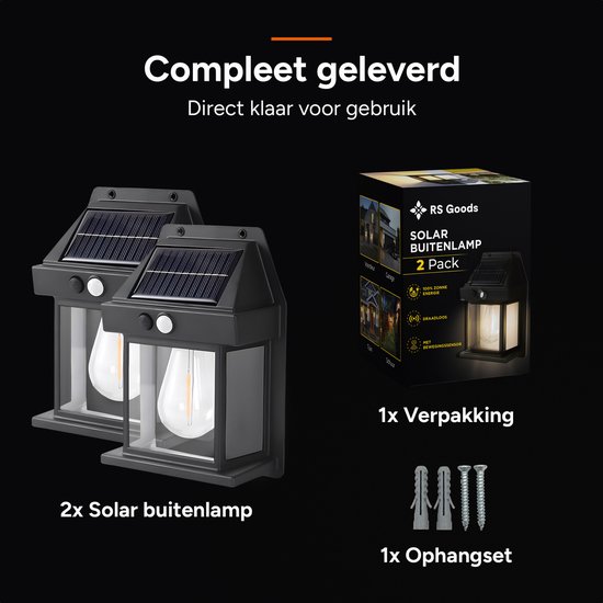 2 zwarte solar buitenlampen met glazen kap en zichtbare LED-lamp, met verpakking en ophangset.