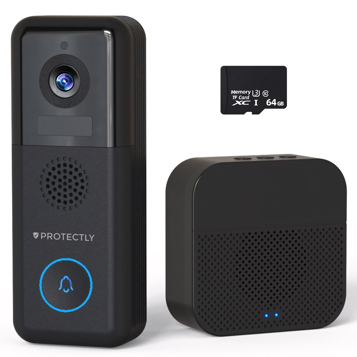 Protectly® 2K Ultra HD Video Deurbel Met Camera - Geen Abonnement - 2-in-1 Deurbel Bedraad (Vast stroom) & Deurbel Draadloos - Deurbellen Met Camera - Waterdicht - Incl. Gong (T-ring geluid) - Incl. 64GB SD