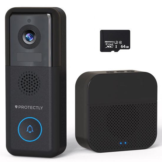 Protectly® 2K Ultra HD Video Deurbel Met Camera - Geen Abonnement - 2-in-1 Deurbel Bedraad (Vast stroom) & Deurbel Draadloos - Deurbellen Met Camera - Waterdicht - Incl. Gong (T-ring geluid) - Incl. 64GB SD