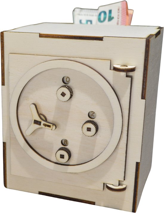 Tirelire en bois avec porte de coffre-fort, serrure à combinaison et billets en euros.