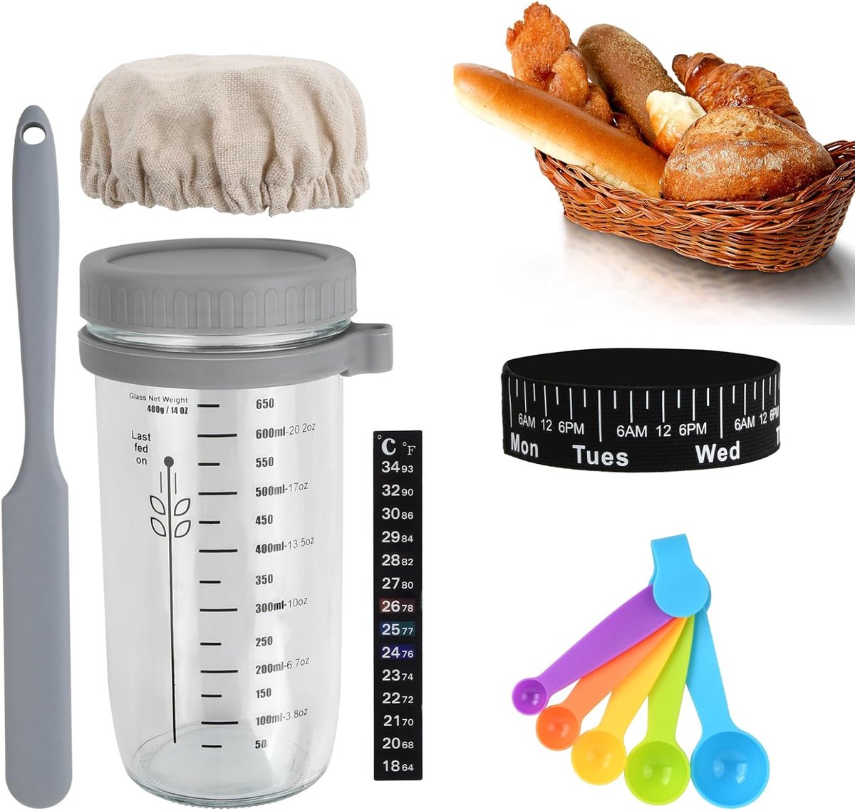 Famanu – Zuurdesem starter pot set – Glazen pot met schaal – Inclusief thermometerstrip - siliconen schraper en doek – 22 oz