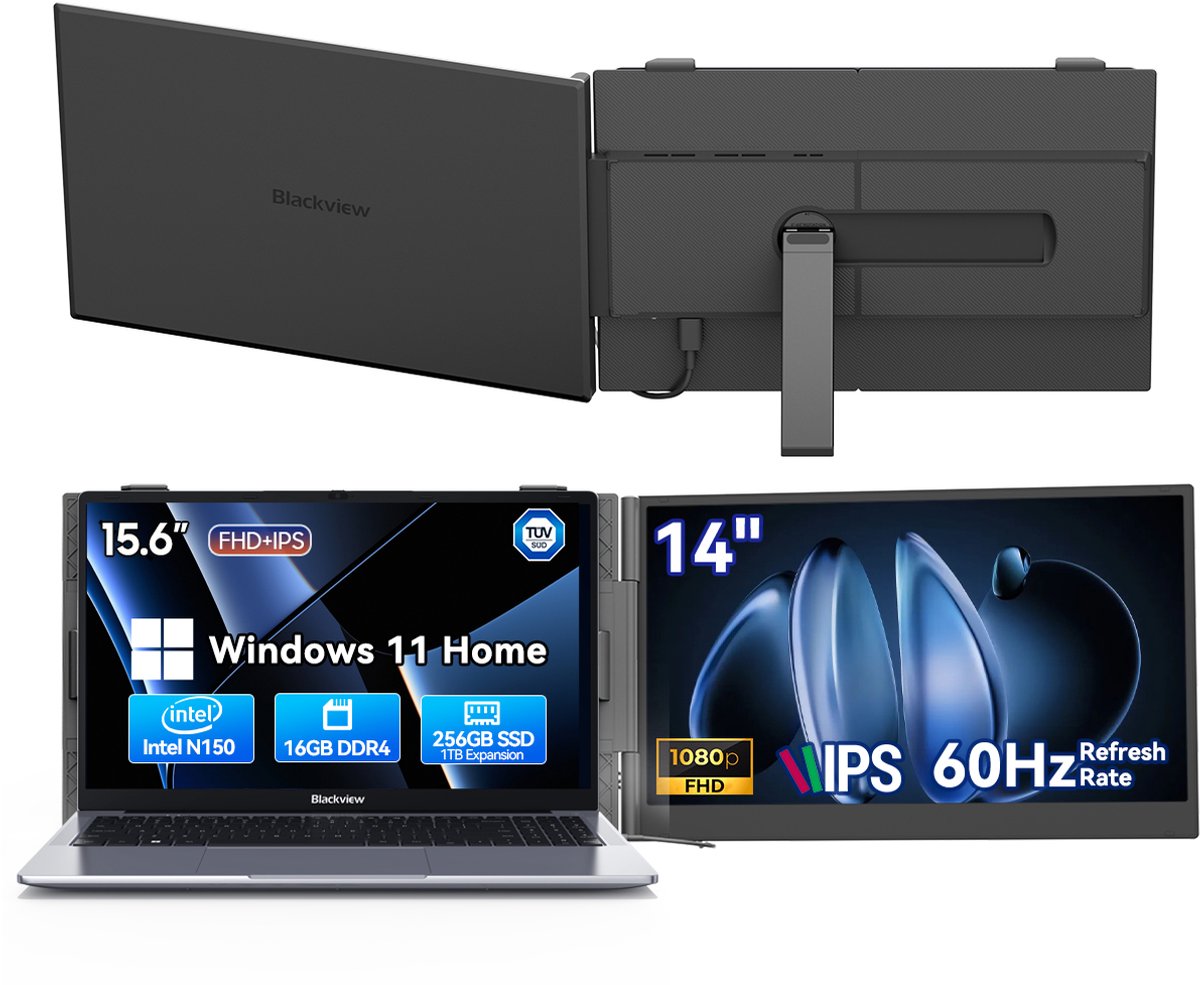 Blackview Hibook 6 Laptop + SCM6 14" Draagbare Monitor Set, 16GB+256GB, FHD IPS Scherm, Dual-band WiFi, Kantoor & Studie Set (incl. Laptop tas, Muis, etc., Grijs)